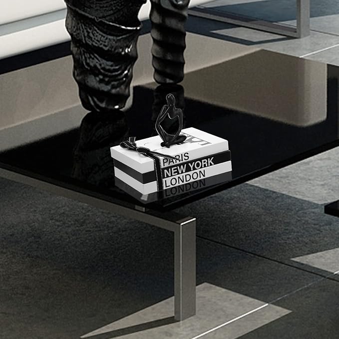 Wesiti 4 Pcs Decorative Books for Home Decor with Resin Statue Thinker Decoration Wooden Farmhouse Stacked Books Modern Decorative Bookends Stack for Tables Shelf Decor(Black)