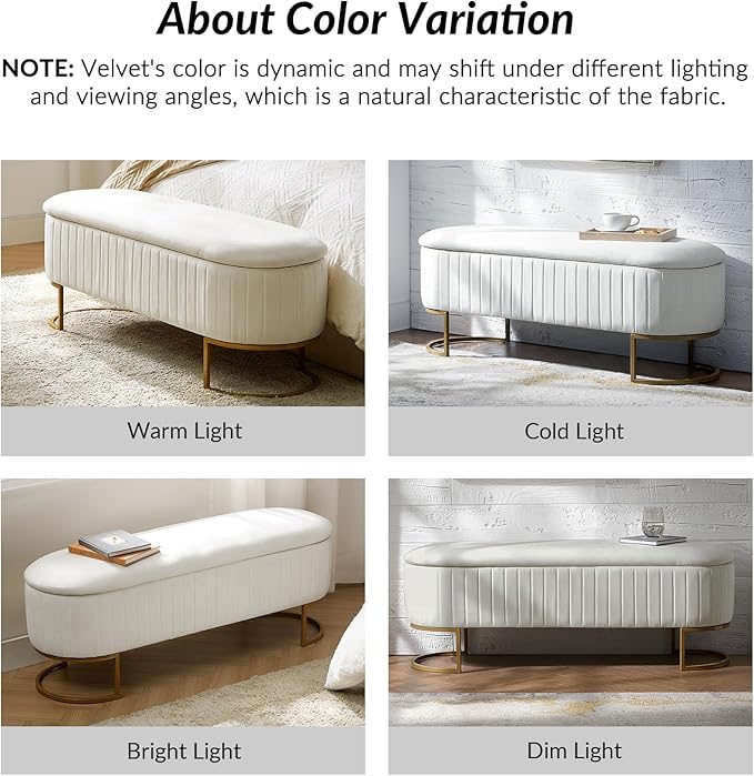 50.5” Velvet Storage Ottoman Bench with Gold-Toned Legs, Luxury Upholstered End of Bed Multi-Functional Footrest & Seat for Bedroom & Entryway