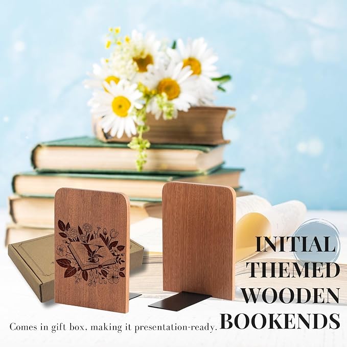 Wood Bookends, Book Ends for Shelves with Decorative Alphabet A and Z Design - Heavy Duty Iron & Ebony Wood Book Ends for Shelves Bookcase Desk - 1 Pair - Y