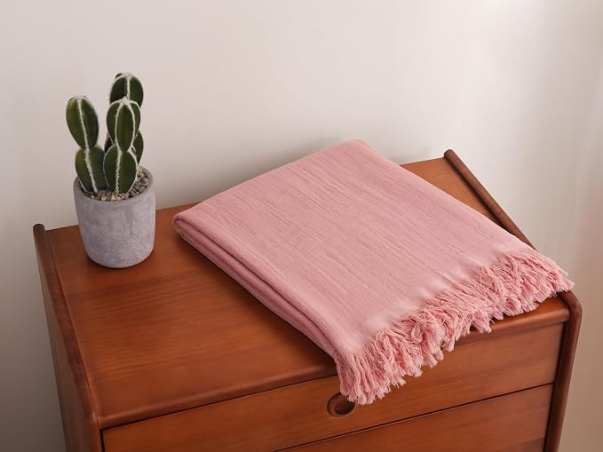 100% Cotton Muslin Throw Blanket for Bed, Couch, Small, Decorative, Soft, Pre-Washed, Breathable and Lightweight Gauze Blanket with Tassels, Pink, 50"x60"