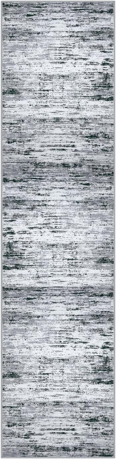 Lansny Modern Abstract Runners for Hallways 2x8, Washable Runner Rug Non-Slip Indoor Soft Thin Hallway Runner Rugs, Print Faux Wool Kitchen Runners Floor Carpet for Entryway Bedroom, Black Grey White