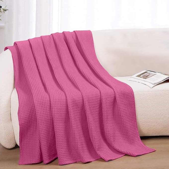 100% Cotton Blankets for Bed - Waffle Weave Blankets for Summer, Lightweight and Breathable Soft Woven Blanket for Spring (Pink, King (90" x 108"))