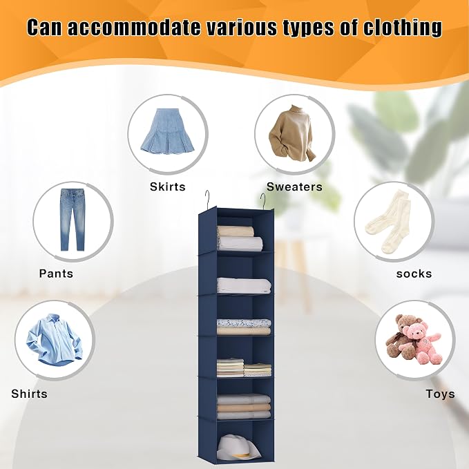 Hanging Closet Organizer and Storage 6-Shelf, Easy Mount Foldable Hanging Closet Wardrobe Shelves, Clothes Handbag Shoes Accessories Storage, Washable Oxford Cloth Fabric, Navy Blue