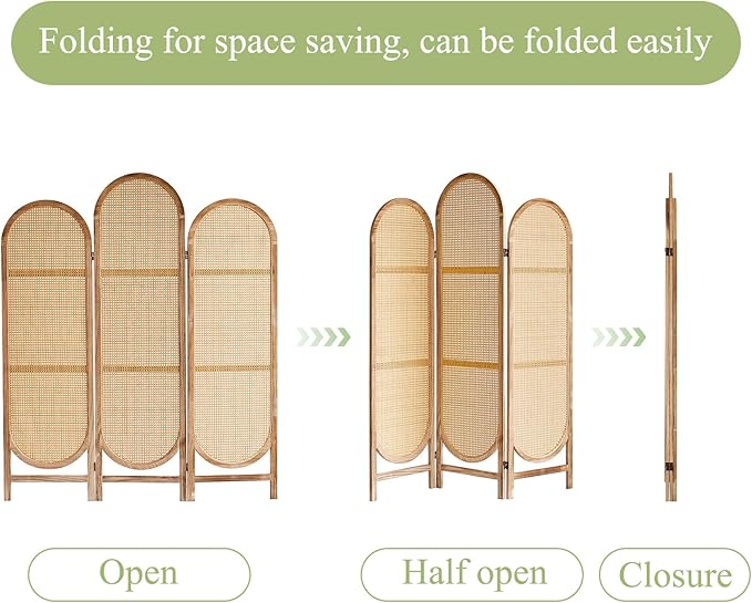 Room Divider Panel, 3 Panel Roomdivider Wall, Wood Room Dividers and Folding Privacy Screens, Rattan Partition Room Dividers, Privacy Dividers for Rooms, Bedroom, Dining Room, Light Brown