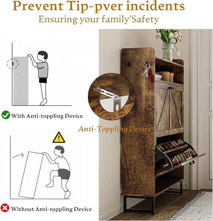 Wodeer Shoe Storage Cabinet with 2 Flip Drawers, Narrow Wood Shoe Cabinet Storage for Entryway with Metal Legs & Hooks, Adjustable Shelves, Freestanding Shoe Rack Organizer for Foyer, Hallway, Brown