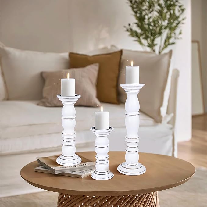 Wooden Candle Holder Set of 3 - Handcrafted Pillar Candle Stand (15", 12", 9") - Rustic Mango Wood Decorative Candle Holders for Home, Living Room, and Dining Table - White Antique