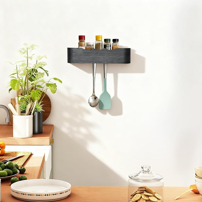 Coat Rack Wall Mount with Shelf Entryway Shelf Modern Key Holder Hanger Wall Shelves with Hidden Hooks for Hanging Towels Coats Hats Bags for Hallway Bathroom Bedroom (Wavy Black, 4 Hooks)