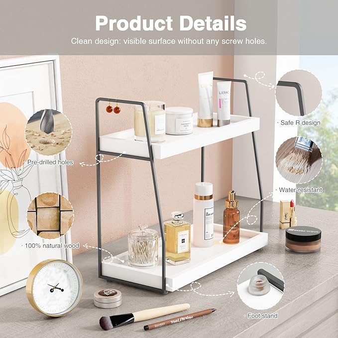 Forbena 2 Tier Bathroom Counter Organizer, White and Grey Coffee Bar Organizer for Countertop, Wood Shelf Tray for Vanity Makeup Storage, Small Kitchen Sink Top Organizers for Coffee Bar Station