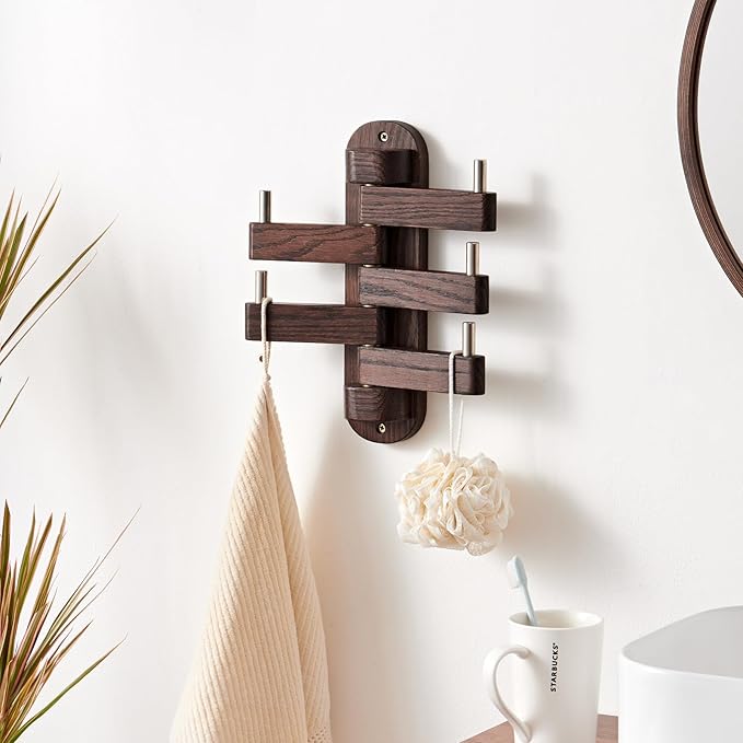 Swivel Coat Rack for Wall, Oak Wood Coat Hooks Wall Hooks with 5 Swivel Foldable Arms, Entryway Shelf for Bedroom, Entryway, Living Room, Bathroom,Office, Classroom, Heavy Duty (Walnut)