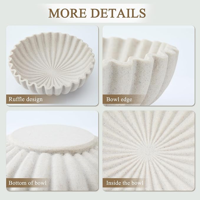 Large Decorative Bowl, Resin Fruit Bowl for Kitchen Counter, Scalloped Ruffle Entryway Bowl, 10 Inch Modern Purse Bowl for Home Decor, Artificial Stone Beige