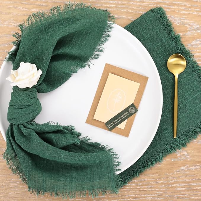 Socomi Set of 6 Linen Napkins Emerald Green Christmas Easter Spring Cloth Napkins Washable Cotton Dinner Napkins Fringe 17"x17" for Wedding Party Bridal Baby Shower Birthday Table Decorations
