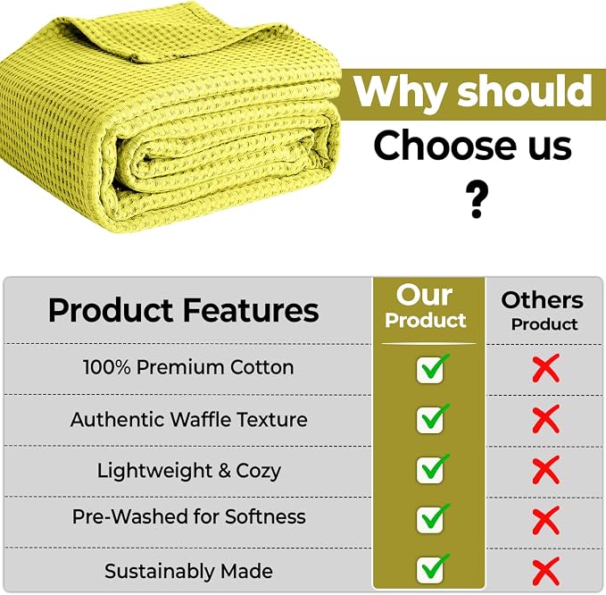 100% Cotton Blankets for Bed - Waffle Weave Blankets for Summer, Lightweight and Breathable Soft Woven Blanket for Spring (Yellow, Throw (50" x 60"))