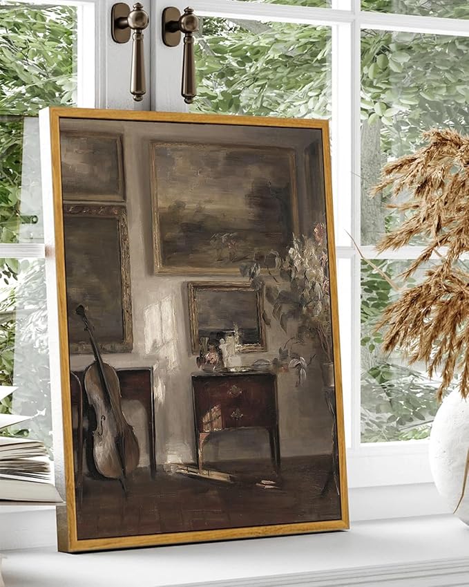 KBKBART Vintage Framed Wall Art, Farmhouse Decor Moody Still Life Canvas Oil Painting Vintage Dark Bathroom Art Prints, Neutral Antique Wall Art Decor for Bedroom, Living Room, Gallery, Gifts for Friends or Family (8"x10")
