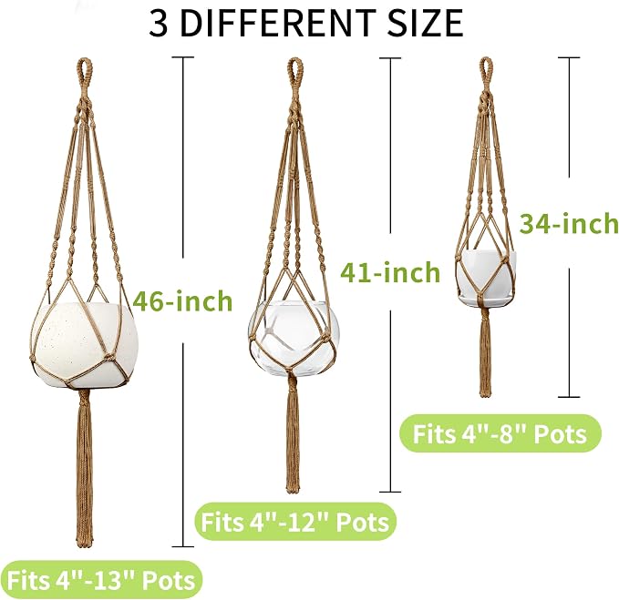 Macrame Plant Hanger - Fits 4-13 Inch Pots, 34"/41"/46" 3 Sizes Set, Hanging Planter Holder for Indoor Outdoor, Cotton Rope with Tassels Boho Home Decor, Brown