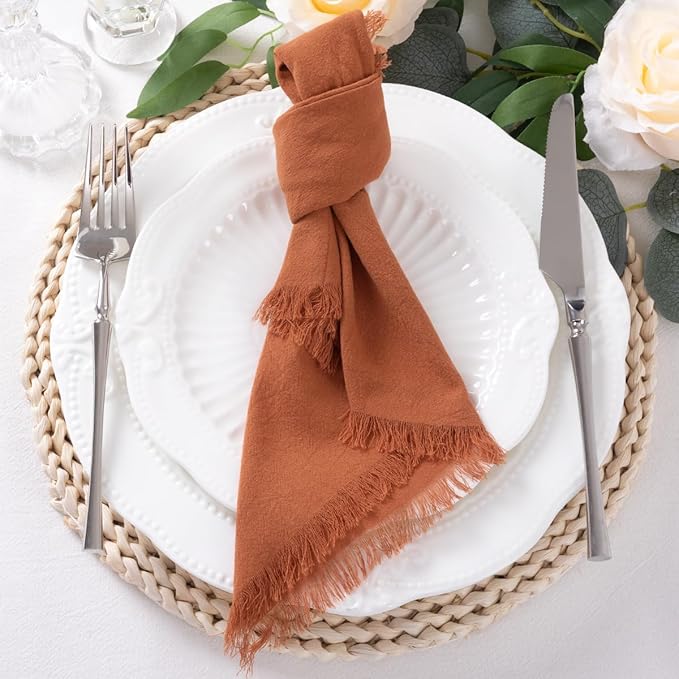 DeZerlor 12 Pack Terracotta Cotton Linen Napkins with Fringe Summer Cloth Napkins Set of 12 Boho Handmade Dinner Napkins Bulk for Wedding Bridal Baby Shower Parties, 17 x 17 Inches