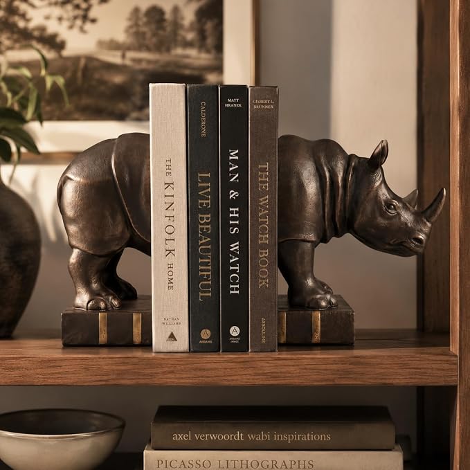 Comfy Hour 10.4 inches Height, Bronze Rhino Antique Vintage Figurine Style Bookends, Rustic Animal Statue Home Decor, Heavy Duty Book Stoppers Pair