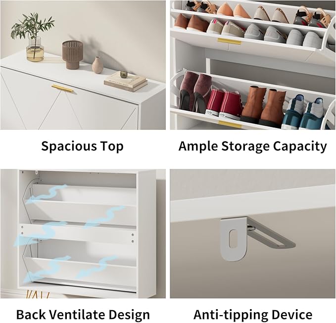 CARPETNAL Shoe Cabinet for Entryway Slim, White Shoe Storage Cabinet with 2 Flip Drawers, Narrow Shoe Rack Cabinet, Freestanding Shoe Cabinet Organizer with Metal Handle and Legs for Entryway, Hallway