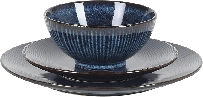 Gibson Elite Midnight Lune Plates and Bowls Sets, 12-Piece Stoneware Dinnerware Sets, Reactive Glaze Dish Set - Blue