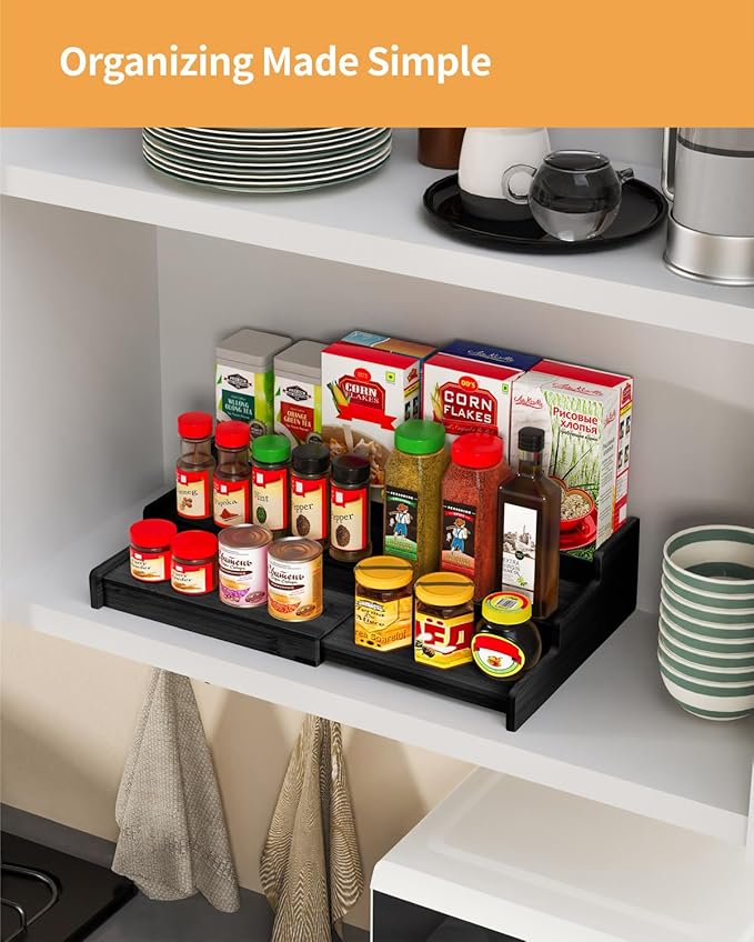VenDotbi Spice Rack, 3-Tier Expandable Bamboo Spice Rack Organizer for Cabinet, Kitchen, Pantry and Cupboard Storage Organizer-Black(2pack)