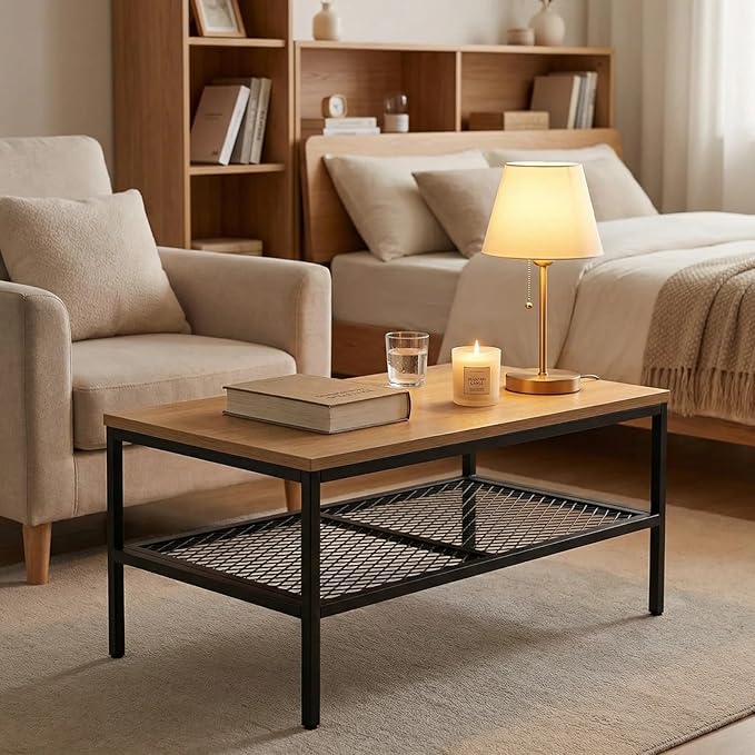Wood Coffee Table,Rustic Rectangle Coffee Table with 2-Tier Storage for Living Room,Modern Industrial Center Table Small, Simple Rectangular Coffee Table in Office Bedroom,35.5in Beige