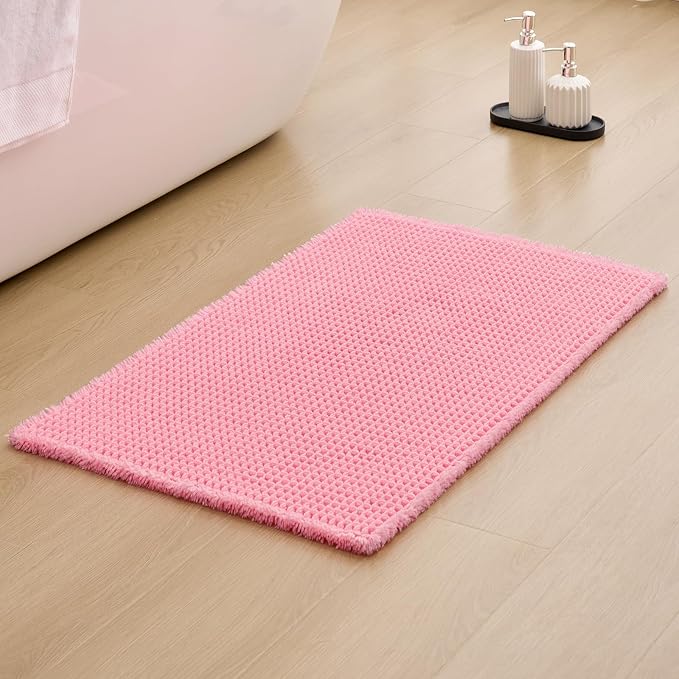 ILANGO Upgraded Waffle Bath Mat,Super Absorbent Boho Non Slip Bathroom Rugs Quick Dry,Ultra Soft Machine Washable Mats with Tassels for Floor,16x24,Pink