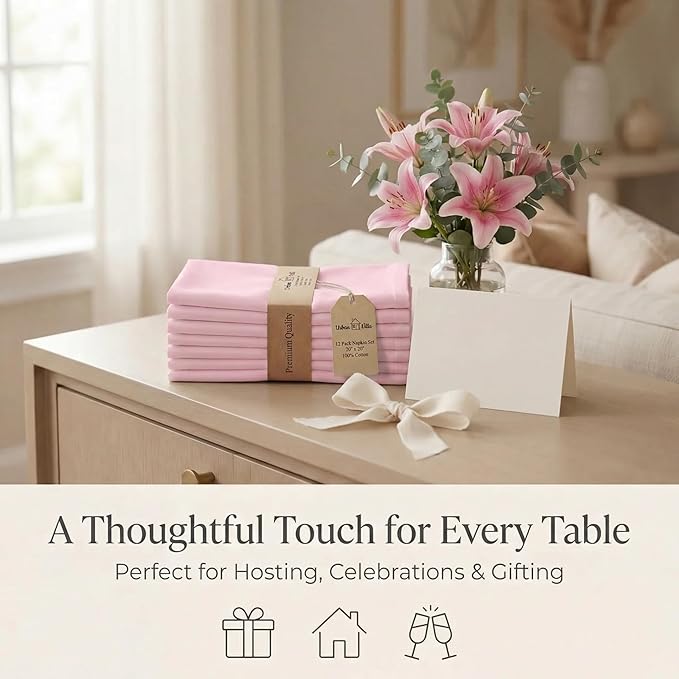 Urban Villa Cloth Napkins 100% Cotton Highly Absorbent Washable Durable Reusable Premium Dinner Napkins Ideal for Gifts for Mothers Day Hotel Farmhouse Parties - Pink (20" x 20", Set of 12)
