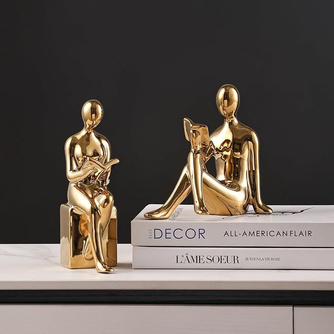 Ceramic Decorative Bookends, Book Ends for Shelves, Home Office Decor Aesthetic Statues Book Holders Stoppers for Bookshelf, Table, Bedroom Living Room Decoration (Gold)