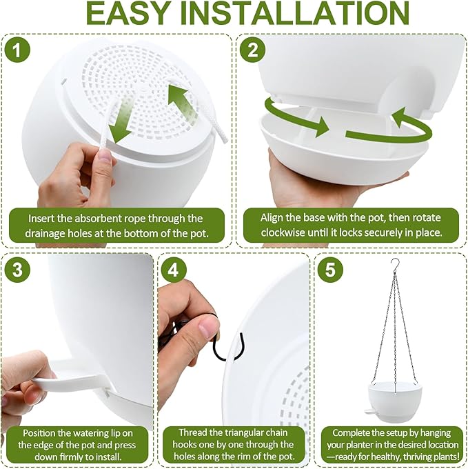 WOUSIWER Self Watering Hanging Planters, 2 Pack 10'' Plastic Pots with Drainage Holes & Reservoir Tray (White) | Indoor & Outdoor Use for Ferns, Ivy, Herbs, Succulents