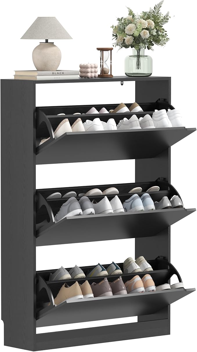 Wodeer Shoe Storage Cabinet with 3 Flip Drawers, Slim Hidden Wood Shoe Cabinet Storage for Entryway, Freestanding Narrow Shoe Rack Organizer with Adjustable Shelves for Foyer, Hallway, Black
