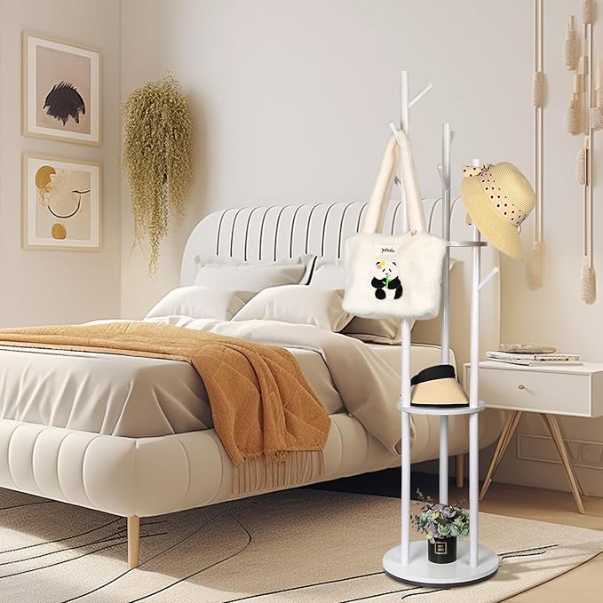 Wood Coat Rack with 3 Shelves and 9 Hooks, Freestanding Heavy Duty Rotary Coat Tree for Entryway, Bedroom, Living Room, Hallway – Holds Jackets, Coats, Hats, Bags (White)