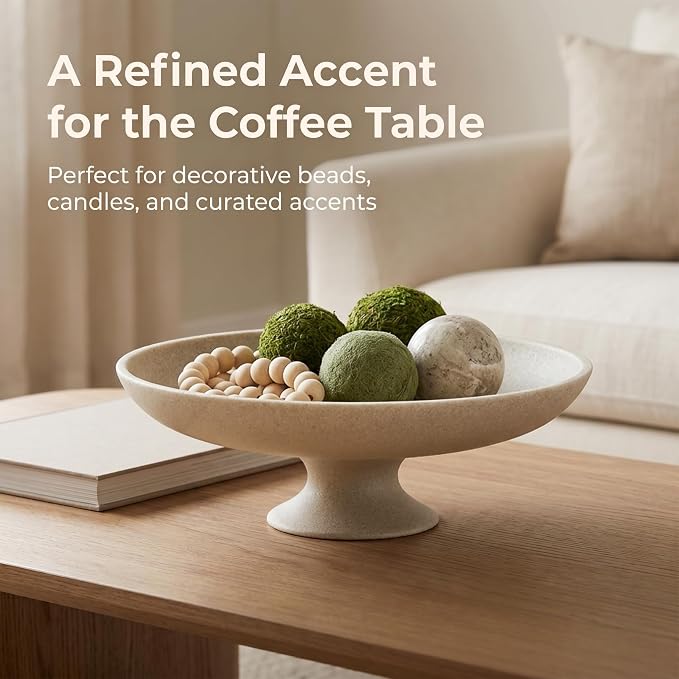 Beige Decorative Fruit Bowl, 11.45" Large Modern Pedestal Bowl for Kitchen Counter, Coffee Table, Entryway Table, Centerpiece Catch All Key Bowl