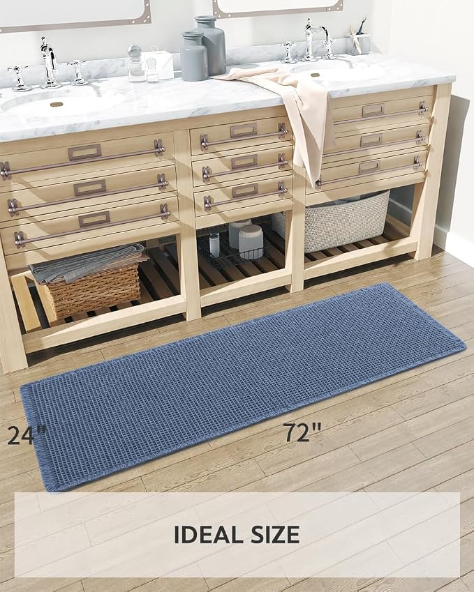 tchdio Waffle Bath Mat-Runner Rug, Super Absorbent Non Slip Bath Mats for Bathroom Machine Washable Long Rugs with Tassels, Bath Rugs for Bathroom Floor Beside Tub, 2' x 6'(24" x 72"), Blue