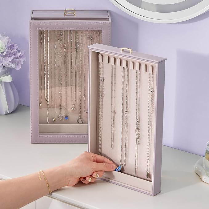 Lolalet Necklace Organizer Box, Jewelry Storage Box with Clear Window for Necklaces Bracelets, Tangle-Free Necklace Display Case for Women Girls, Mothers Day Gift