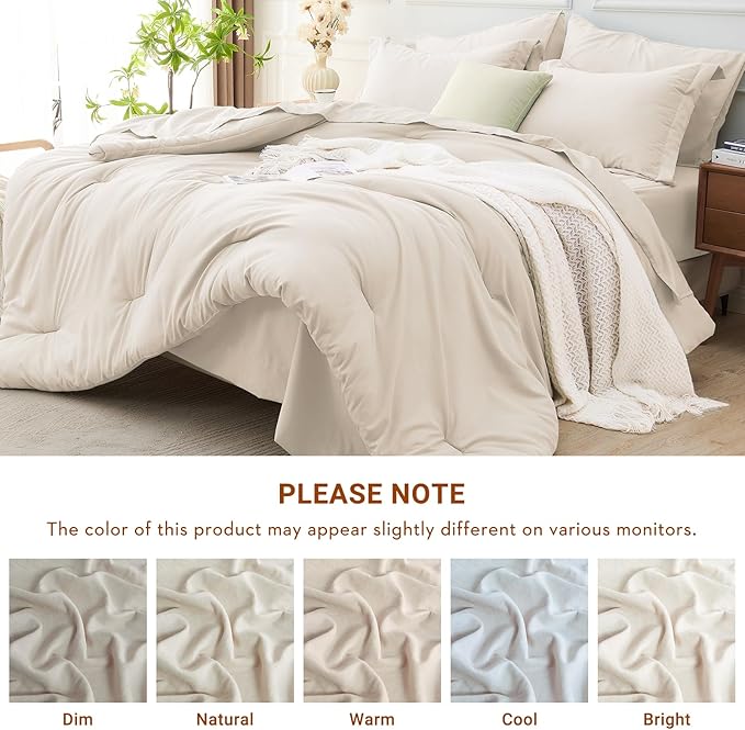 MUXHOMO 7 Pieces Queen Comforter Set, Soft Bed in a Bag Queen Size, All Season Bedding Set with Comforter, Flat Sheet, Fitted Sheet, Pillowcases & Shams, Beige