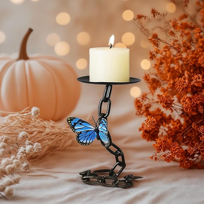 (2 Pack) Matte Black Iron Pillar Candle Holder, with 1 Magnetic Butterfly, Vintage Decor,Candle Holders for Living Room Decoration,Table Decor Without Candles