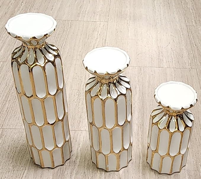3pc Ceramic Candle Holder, 7.75" /10.75"/ 13.75" White/Gold (White/Gold)