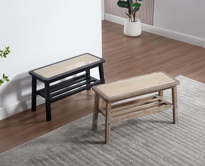 Shunzhi Rattan Entryway Bench with Shoe Rack Natural Wood Storage Bench Indoor Wicker 30 Inches Small Bench Farmhouse Cane Vintage Rustic Accent Bench for Living Room/Bedroom/Hallway/Porch