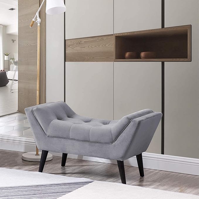 Alunaune Velvet Tufted Ottoman Bed Bench for Bedroom End of Bed Bench Ottoman, Upholstered Small Entryway Bench Modern Storage Footstool Bench with Wooden Legs-Light Gray