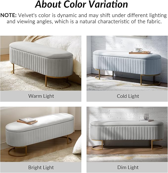 50.5” Velvet Storage Ottoman Bench with Gold-Toned Legs, Luxury Upholstered End of Bed Multi-Functional Footrest & Seat for Bedroom & Entryway