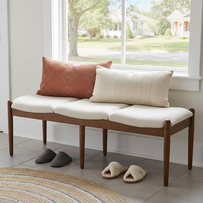 Ya-Home Modern Boucle Ottoman Bench, 54.25” Upholstered Sherpa Bedroom End of Bed Bench, Long Seating Entryway Bench Window Bench with Padded Cushion Solid Wood Legs for Living Room/Hallway, Beige