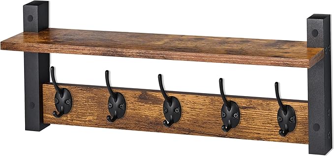 Sorbus Coat Hooks Wall Mount with Shelf – 24 Inch Coat Rack Wall Mount with 5 Heavy Duty Hooks – Floating Wall Shelf with Hooks for Entryway, Bathroom, Bedroom, Kitchen, or Mudroom (Rustic Brown)