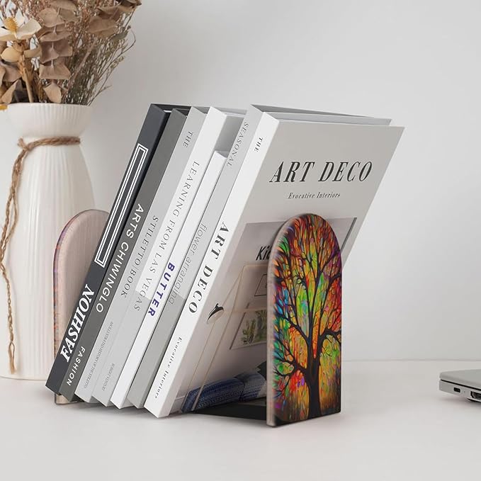 Tree Leaves Colourful L-Shaped Book Ends 1 Pair Wood Bookends Book End Supports for Heavy Book Shelf Holder Home Decorative