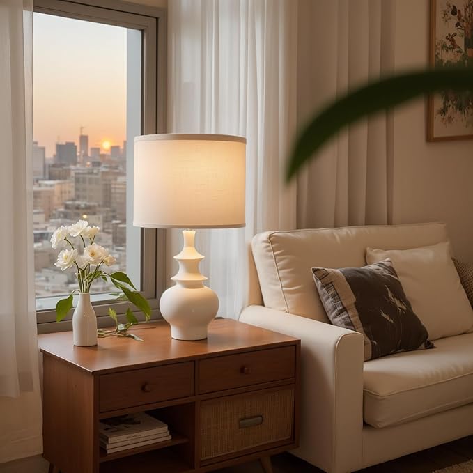 20" Modern Ceramic Table Lamps Set of 2, White Bedroom Lamps for Night Stands, Farmhouse Bedside Lamps for Bedroom Living Room, Small Nightstand Lamps Desk End Table Lamps White