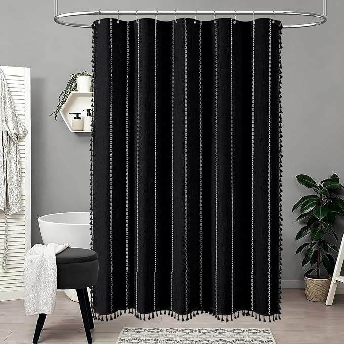 BTTN Stall Shower Curtain - 60x84 Long Boho Farmhouse Linen Fabric Tassel Shower Curtain Set with 10 Plastic Hooks, Narrow Bohemian Country Chic Decorative Shower Curtains for BathroomďźBlack and White