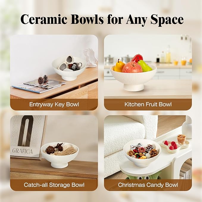 Decorative Bowl 8 Inch Fruit Bowl for Kitchen Counter Modern Pedestal Footed Centerpiece Bowl for Coffee Table & Home Decor Fall Catch-All Bowl for Key, Candy, White