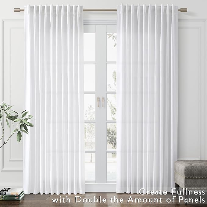 Joywell White Linen Curtains 96 Inches Long Pleated Back Tab Semi Sheer Window Covering Light Airy Privacy Panels for Bedroom Living Room Aesthetic Sheer Boho Curtains 52x96 Inch Length Set of 2