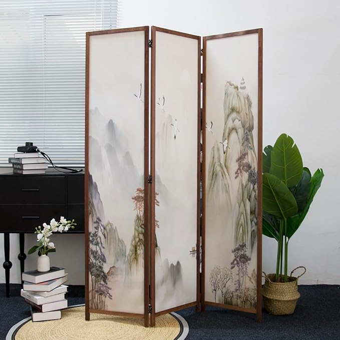 Furnnylane 3 Panel Room Divider Screen,Double Faced Room Divider Folding Wall Divider for Room Separation,Mountains and Waters Landscape,67" H x 47.2" W