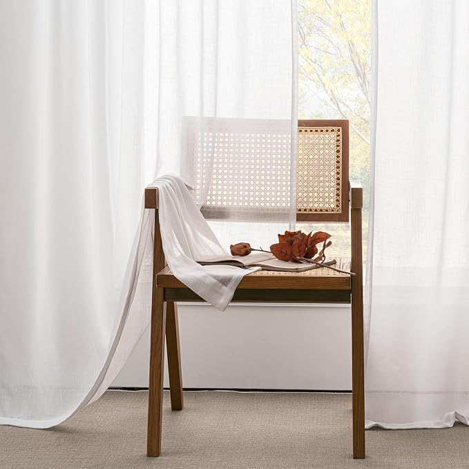 ANRODUO Pure White Faux Linen Curtains 86 Inch Length 2 Panels Back Tab Rod Pocket Semi Sheer Light Filtering Drapes for Living Room Bedroom Modern Farmhouse Rustic Neutral Style Window Treatments