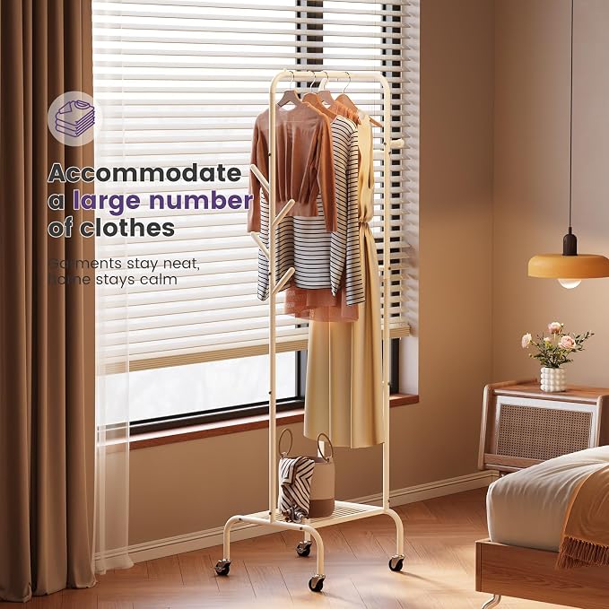 Modern Bamboo Coat Rack, Freestanding with 2 Shelves, 5 Hooks, Rotating Design, Heavy Duty Stand for Entryway, Living Room, 72x24x24 Inches (White)