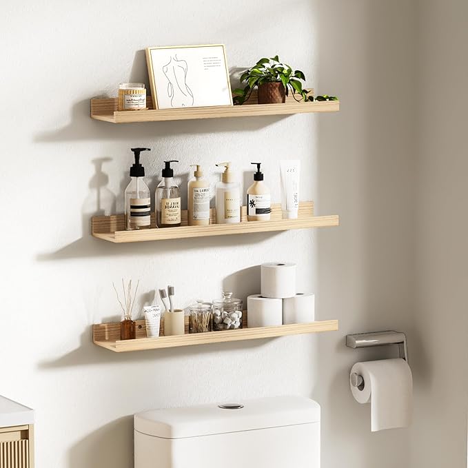 upsimples Floating Shelves for Wall, 23.6 Inch Shelves for Decor Storage Set of 6, Wall Mounted Wood Shelf for Bedroom, Living Room, Bathroom, Kitchen, Long Picture Ledge Shelves, Natural